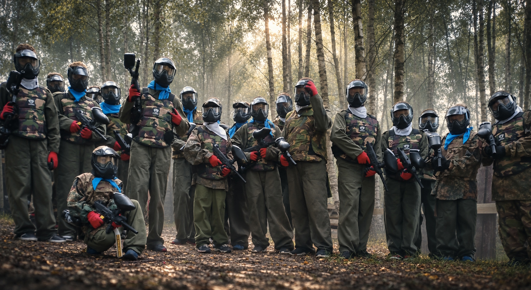 Grupa młodzieży stoi razem podczas rozgrywki paintball